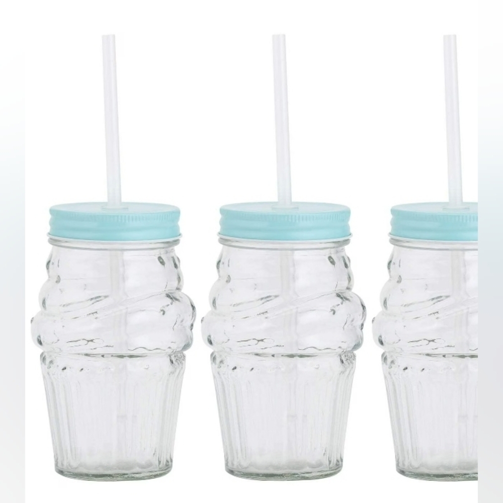 Amici Home Ice Cream Green Lid 16 oz Glass Mason Jars Reusable Straws, Set Of 3